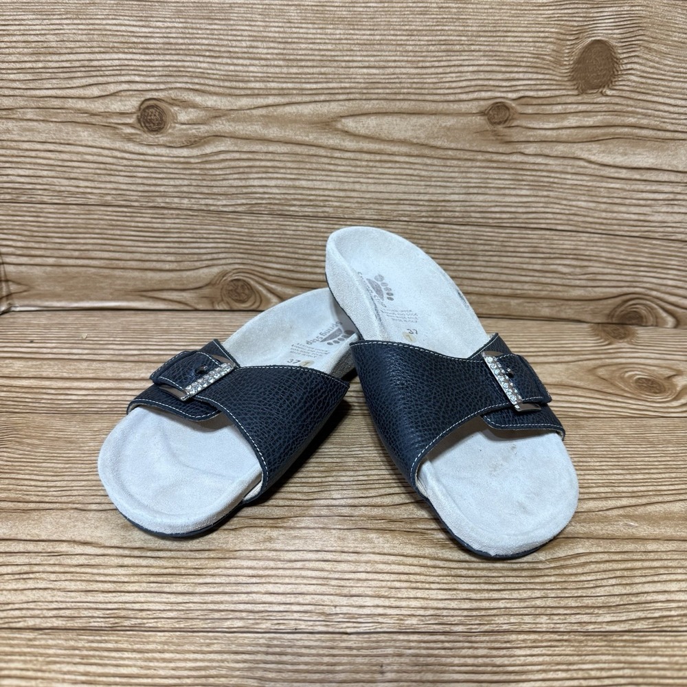 Spring Step Sandals Black Leather Strap Buckle Sz 7 US 37 EU Made In Italy Slide